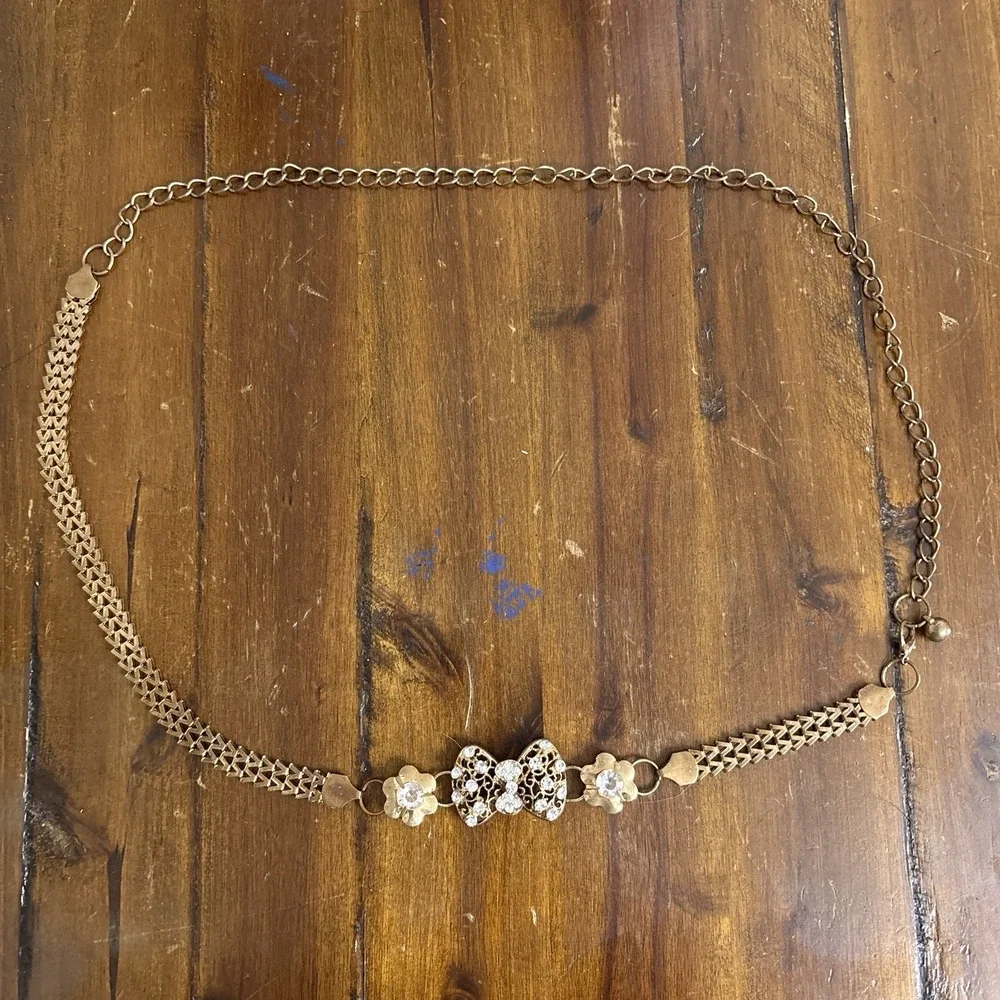 Gold Rhinestone Bow Chain Belt Y2K Coquette Fairycore Girly Glam Adjustable